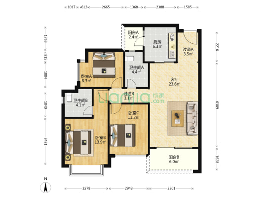 恒大健康城一期A区 3室1厅2卫 108平方