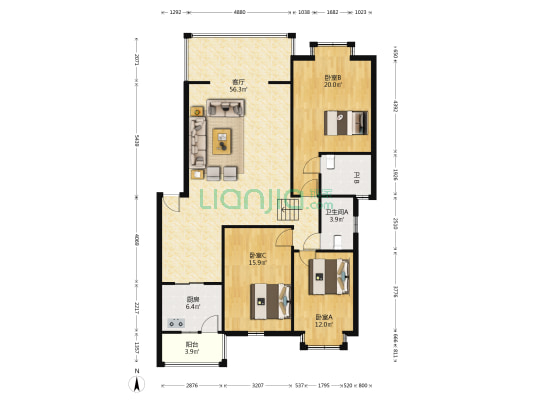 天怡山景 3室1厅2卫 140平方