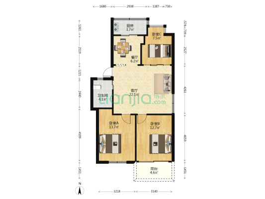 晋广翠园 3室2厅1卫 85平方