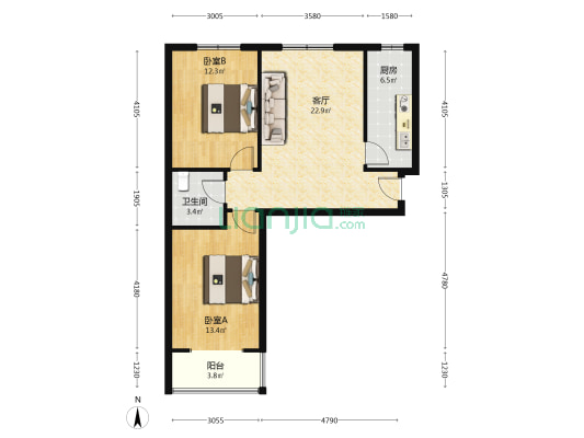 天保郦景 2室1厅 南 北-户型图