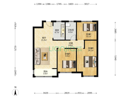 溪悦花园一期 3室1厅1卫 105平方