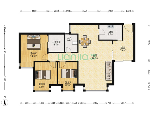 朝阳花园 3室1厅2卫 105平方