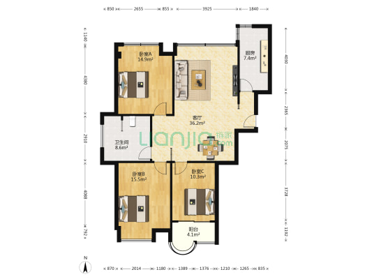 中金茶都 3室1厅1卫 127平方