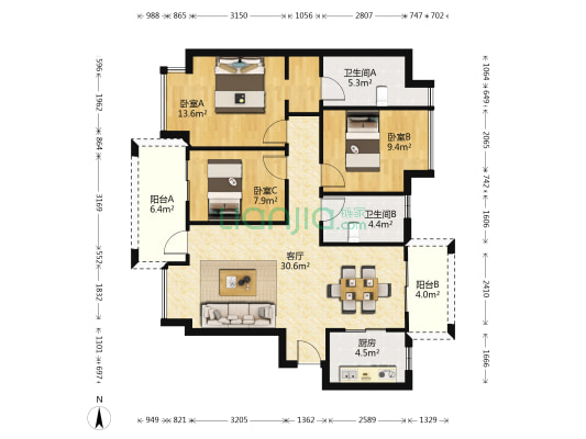 虎门·君悦东方 3室1厅2卫 104平方