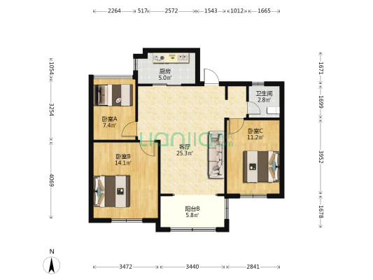 和天苑 3室1厅1卫 86平方