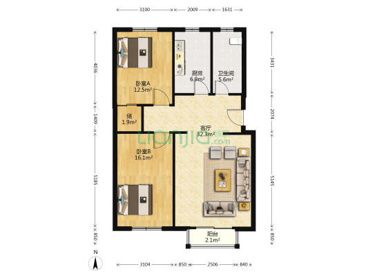 翠亨村C区 2室1厅1卫 96平方