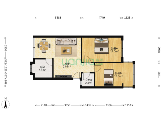 民主路3号 2室1厅1卫 75平方