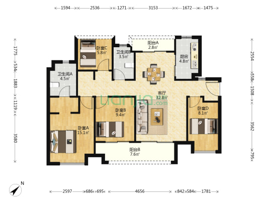 承翰珀尔世家 4室1厅2卫 113平方