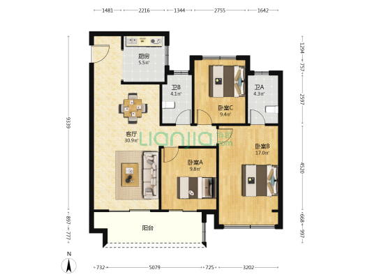璞悦新邸 3室1厅2卫 110平方