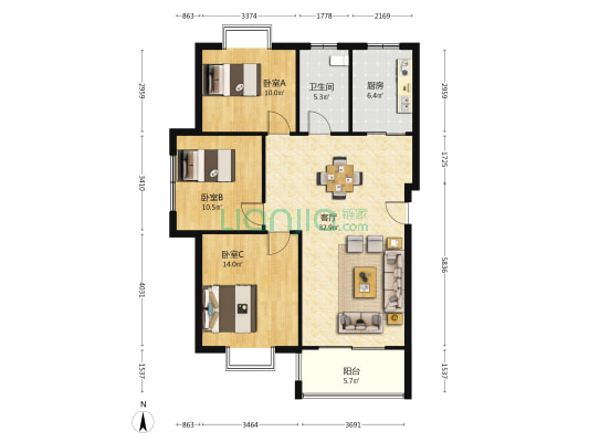 畅春园 3室1厅1卫 120平方