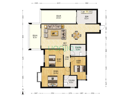 盛世江南 3室1厅2卫 128平方
