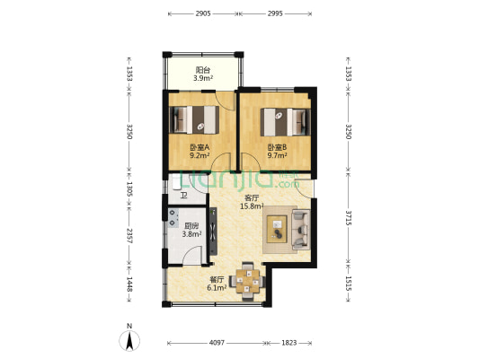 腾龙商厦 2室2厅1卫 59平方