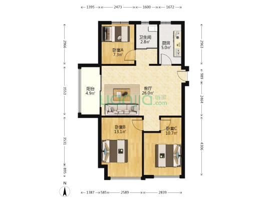 碧桂园西湖二号院  3室1厅1卫 98平方