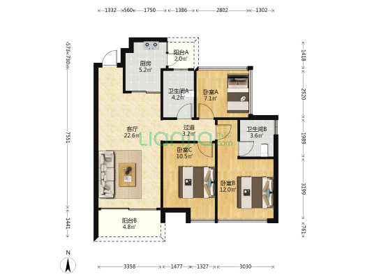 泓泰花园 3室1厅2卫 92平方
