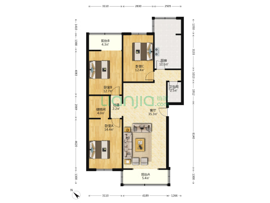 营门口路523号 3室1厅1卫 119平方