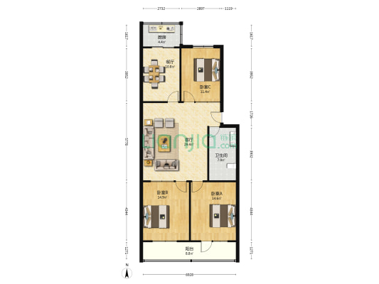 凌辰住宅小区 3室2厅1卫 124平方