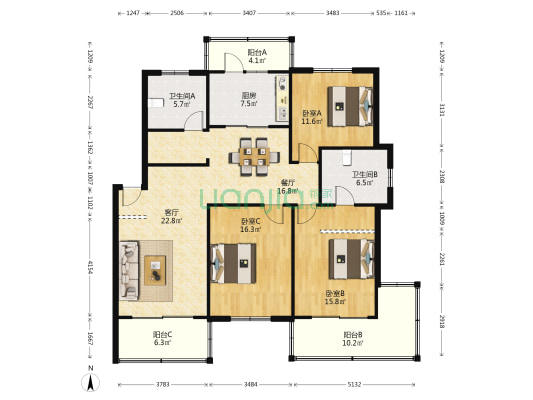 联谊新寓 3室2厅2卫 145平方