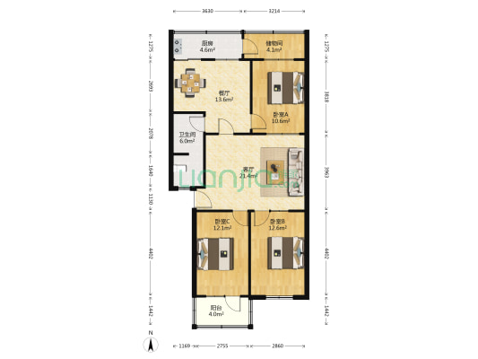 职工宿舍楼 3室2厅1卫 97平方
