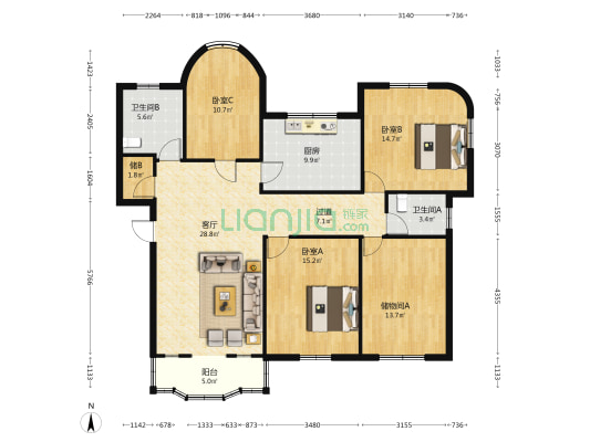 一纺新村 3室1厅2卫 136平方