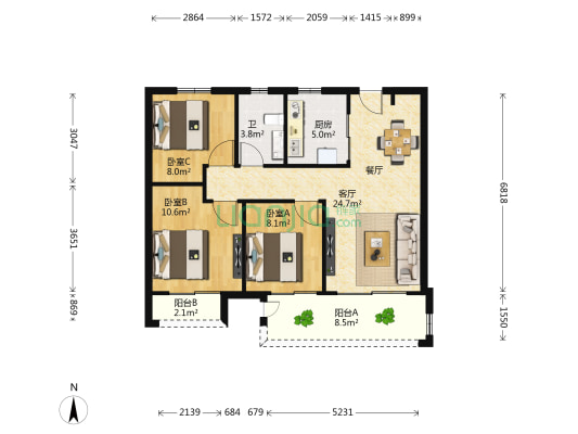 桃李名筑 3室1厅1卫 95平方