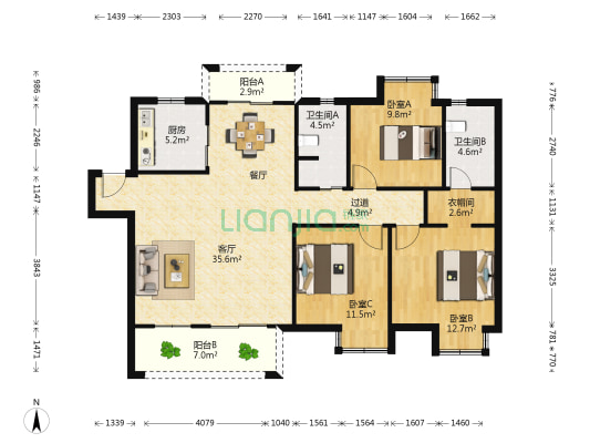 中锐滨湖尚城 3室1厅2卫 128平方
