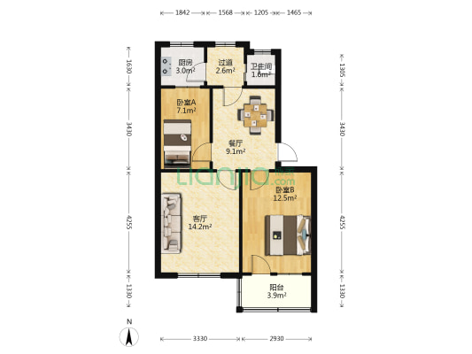 老电力局小区 2室2厅1卫 64平方
