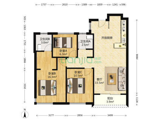 正荣财富中心 3室1厅2卫 88平方