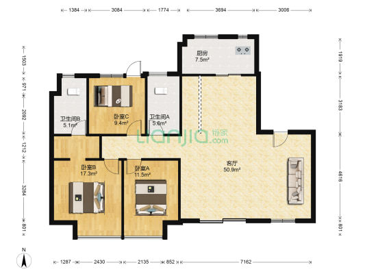 旭辉城 3室1厅2卫 129平方