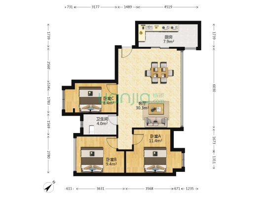 中铁二局玛塞城 3室1厅1卫 84平方