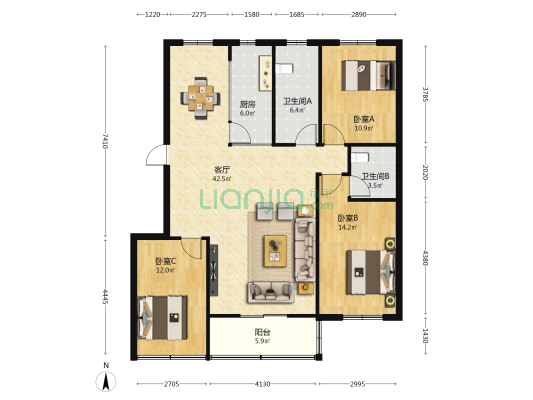 湖北省化学研究院 3室1厅2卫 120平方