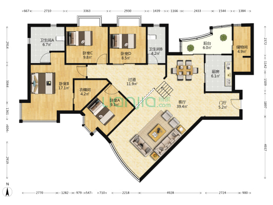 新世界山月居 4室1厅2卫 170平方
