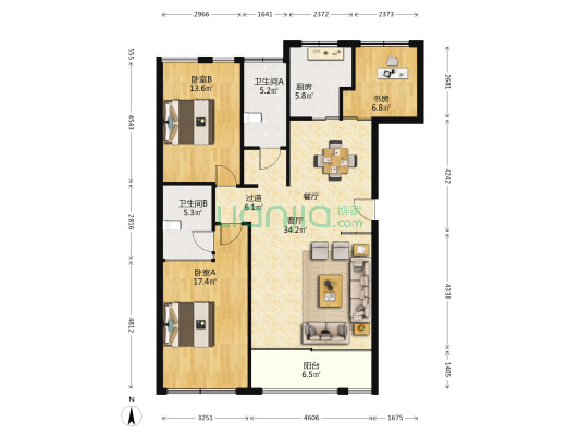江南明城 3室1厅2卫 137平方