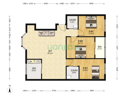 龙桥新街 3室1厅2卫 130平方