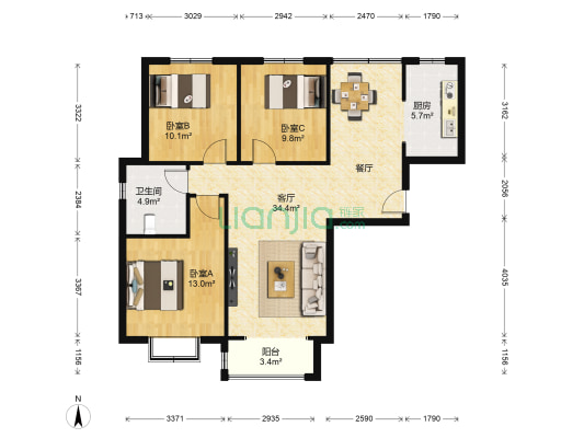 蒲瑞祥园中区 3室1厅1卫 115平方