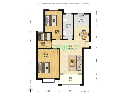 江岸景城 3室1厅1卫 97平方