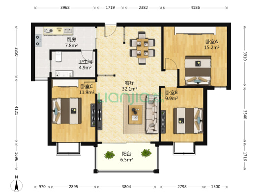 朝阳锦城 3室1厅1卫 116平方