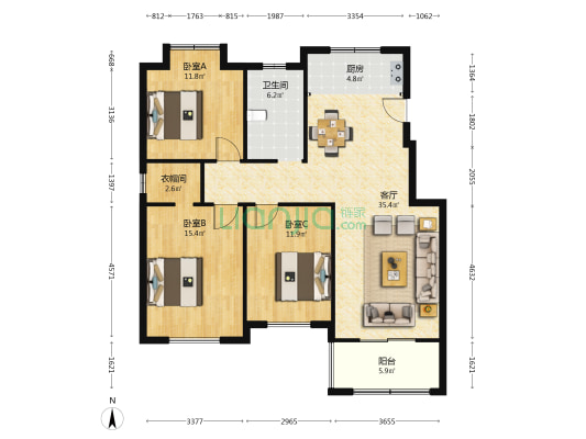 利华中央公馆 3室1厅1卫 115平方