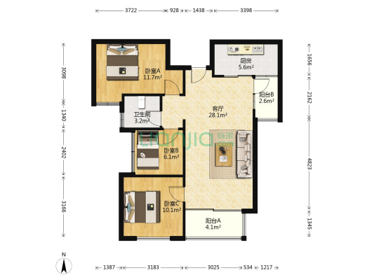 嘉宇中央 3室1厅1卫 90平方
