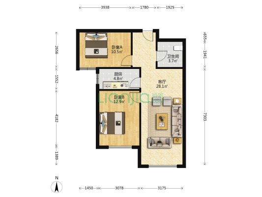 K2狮子城北区 2室2厅 南-户型图