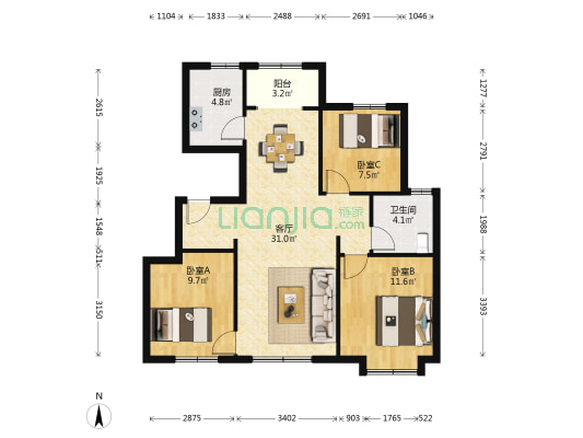 禧悦里 3室1厅1卫 98平方