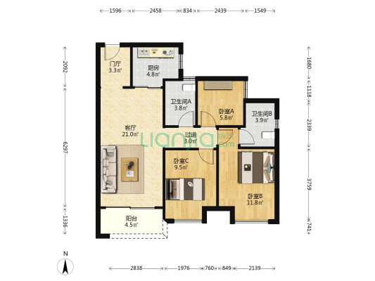 旭辉江山四期 3室1厅2卫 91平方