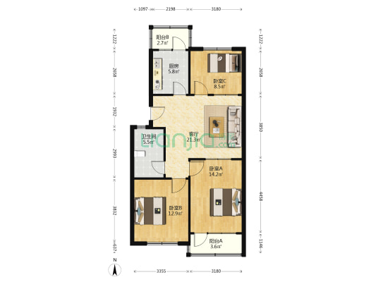 供销二区 3室1厅1卫 90平方