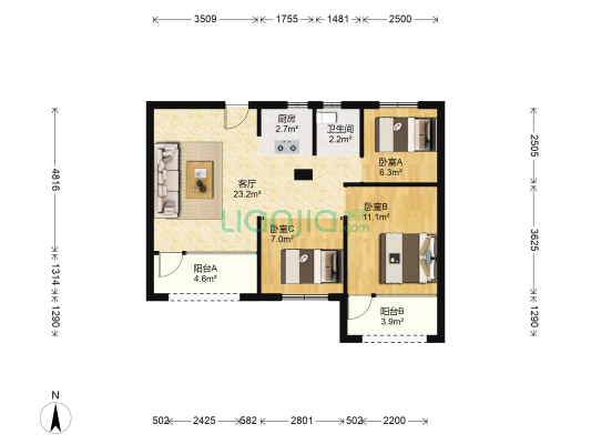 中央公馆 3室1厅1卫 89平方