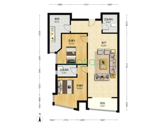 涿州开发区御景园全南两居室精装诚意出售-户型图