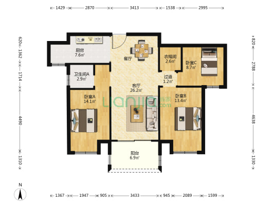 伟业龙湖上城3号院 3室1厅1卫 104平方