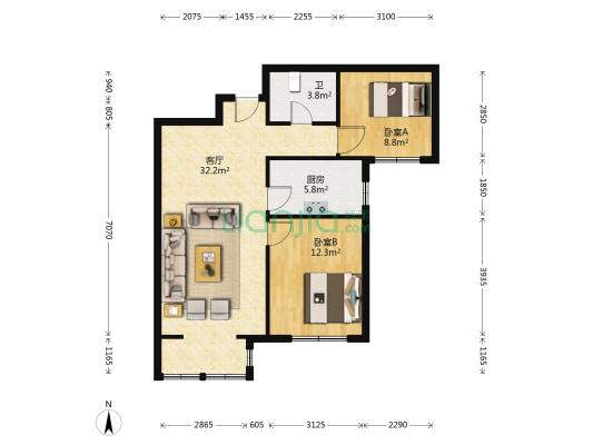 骏安园北区 2室1厅1卫 91平方
