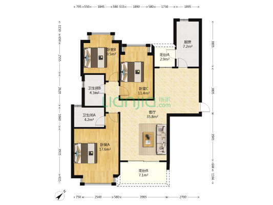 恒大山水郡 3室1厅2卫 127平方