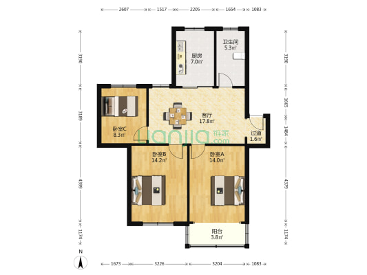 埭宝园 3室1厅1卫 88平方