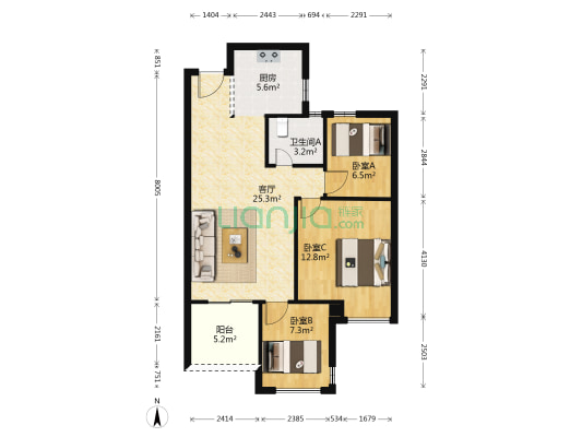 万家花城二期 3室1厅1卫 88平方