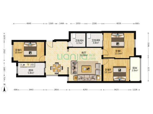 博金银苑 3室1厅2卫 105平方